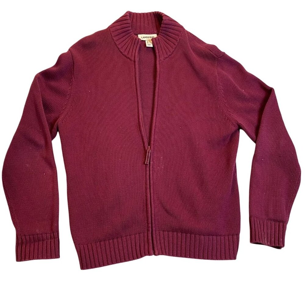 Lands End Women's Cardigan Sweater Medium Burgundy Full-Zip 100% Cotton Ribbed H